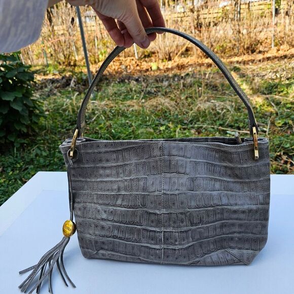 FURLA Croc Embossed Grey Genuine Leather Handbag Shoulderbag, Pre-owned - Picture 9 of 12